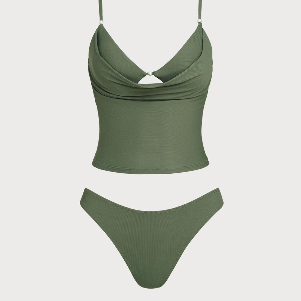 Samiol Grey Green Ribbed Fake Two-Piece Tankini Set - Picture 4 of 5